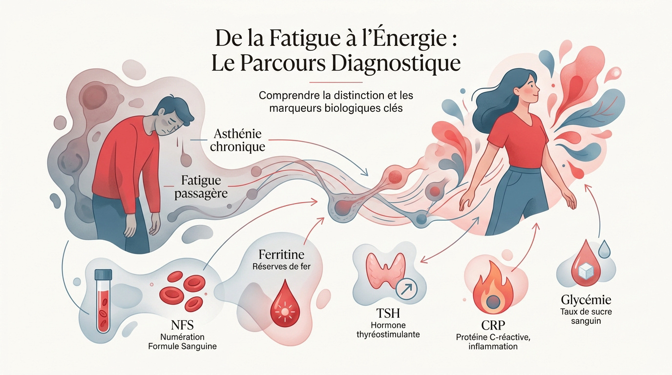 Schéma explicatif du parcours diagnostic de la fatigue par bilan sanguin