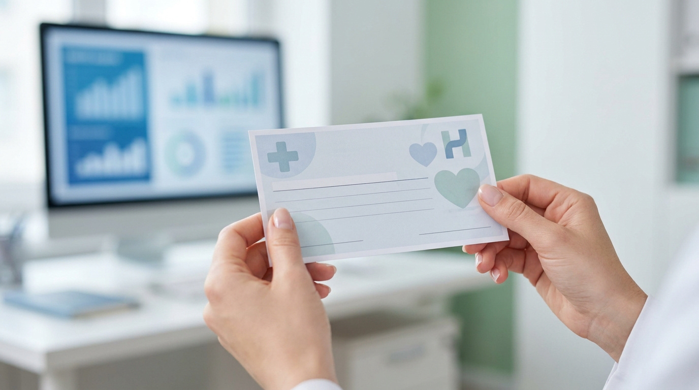 Mains tenant une ordonnance médicale vierge avec des symboles de santé, sur fond de bureau avec un écran d'ordinateur.