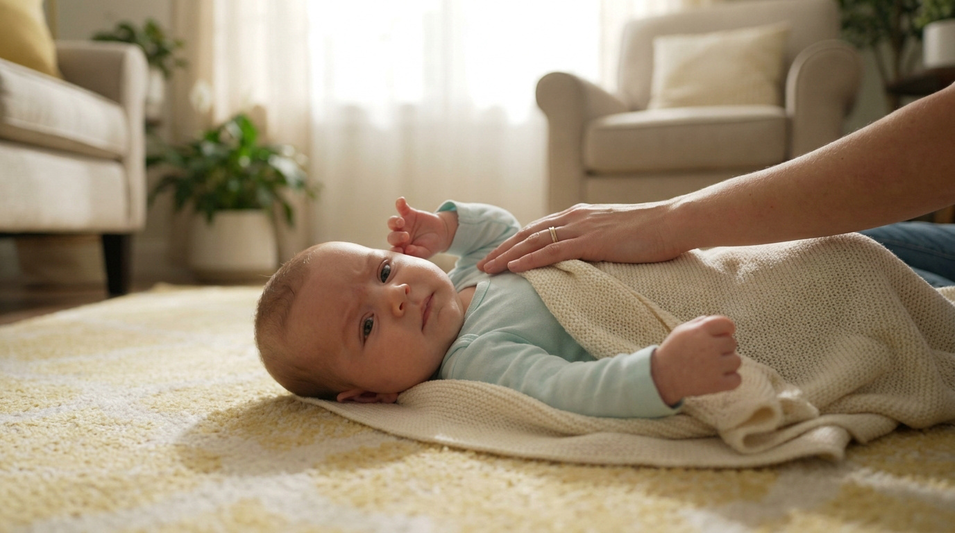 Un parent réconforte un bébé allongé sur un tapis lumineux, l'air soucieux.