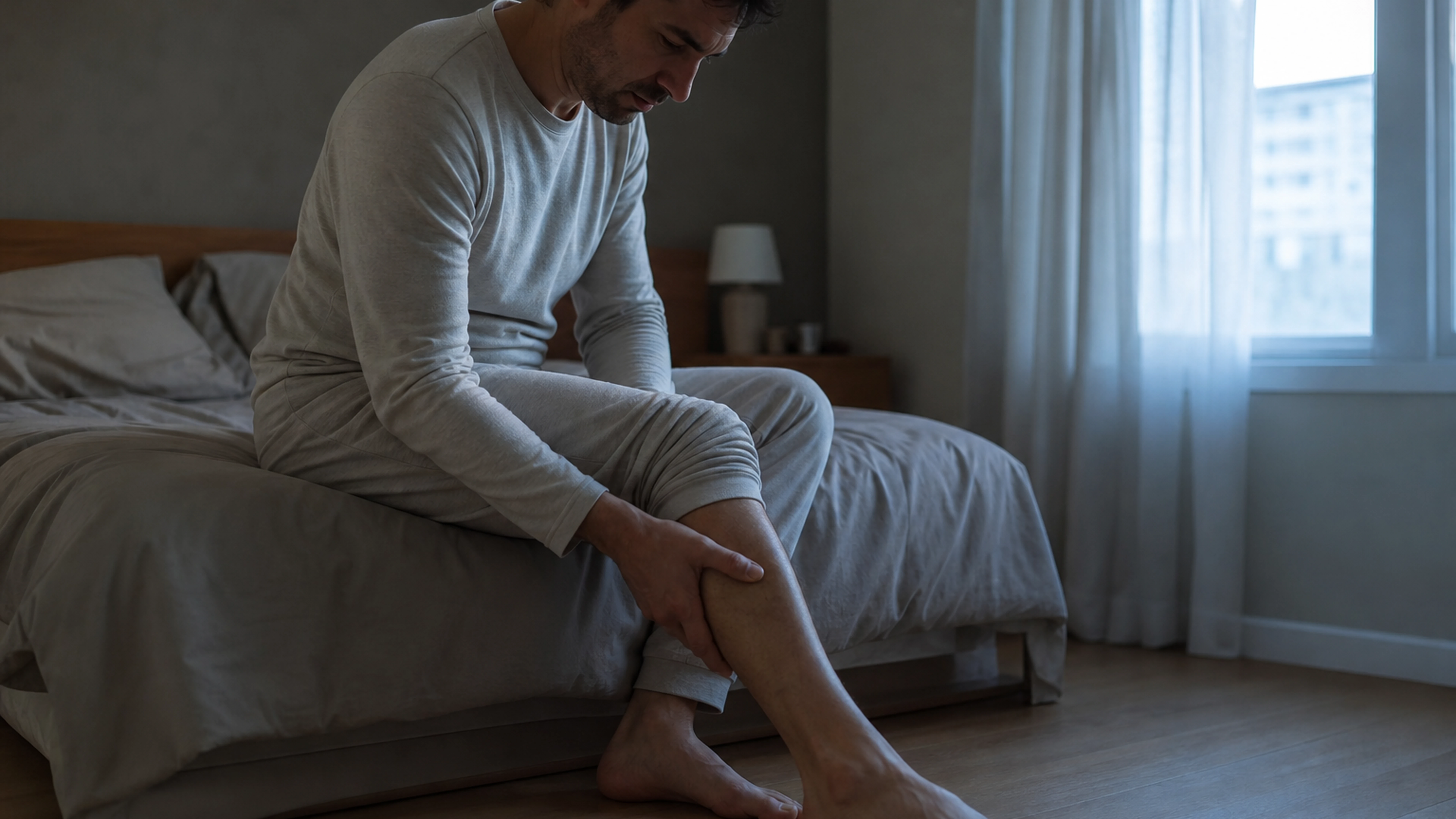 Illustration éditoriale pour l’article « Douleur au tibia la nuit : causes et solutions pour dormir »