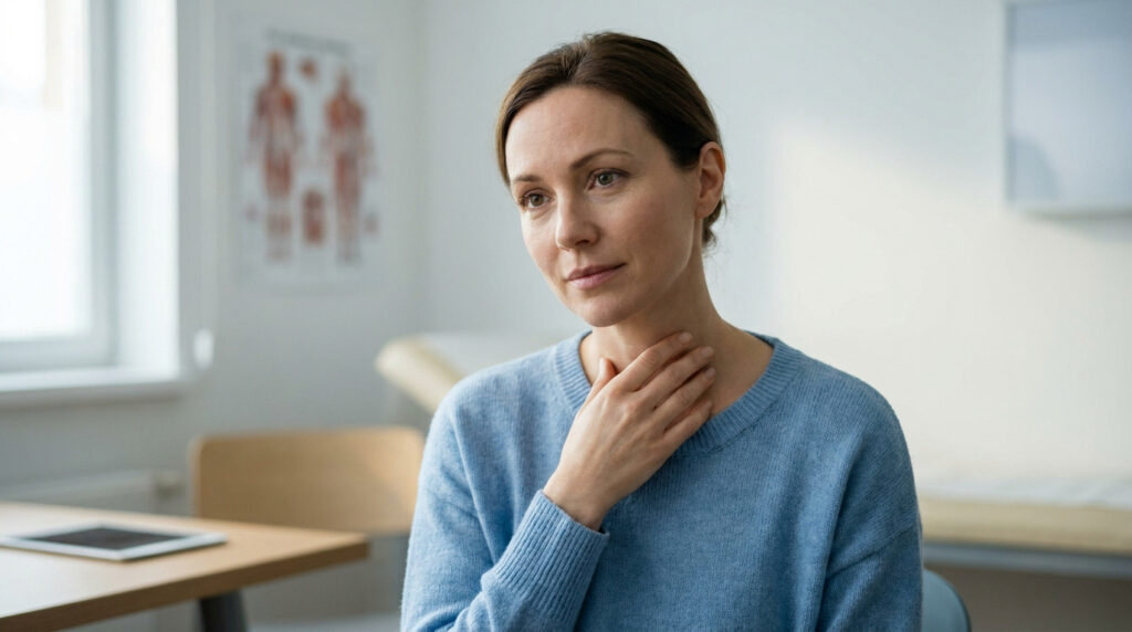 Une femme consulte un médecin et touche son cou, évoquant un problème de thyroïde en salle d'examen médical.