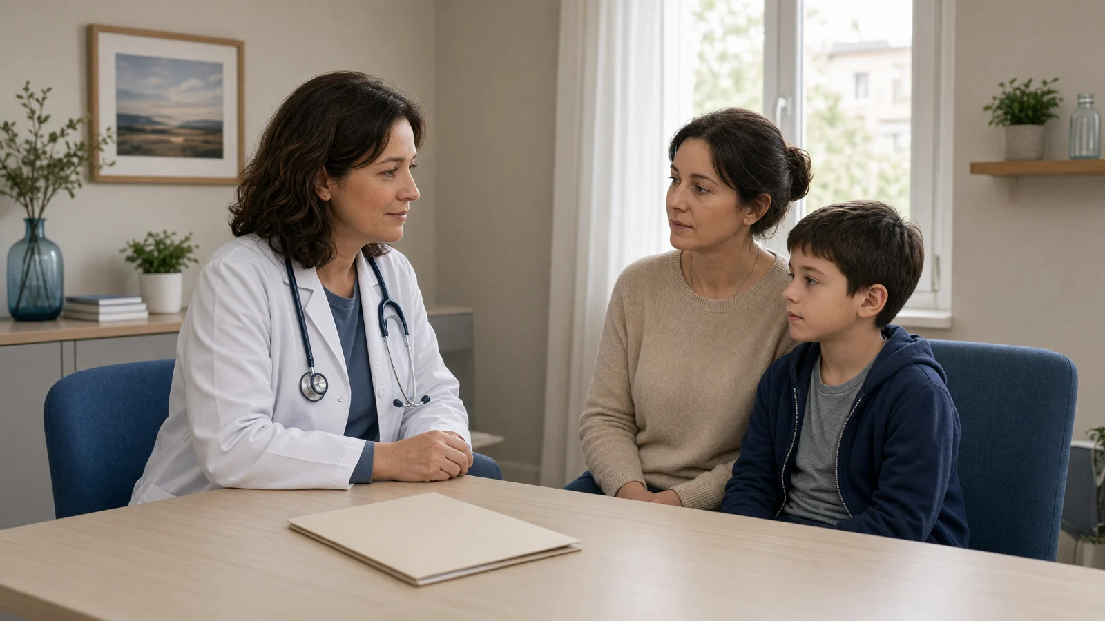 Consultation médicale avec une mère et son enfant pour échanger sur des signes inhabituels
