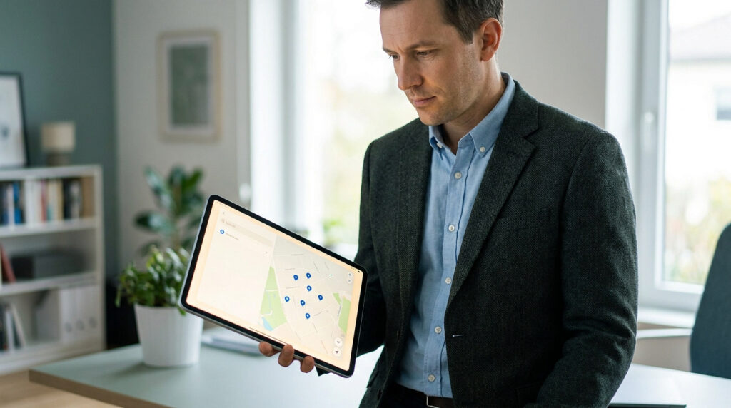 Un homme en veste élégante tenant une tablette affichant une carte avec des repères géographiques.