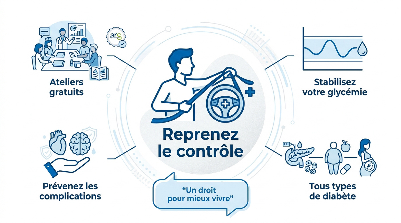Infographie expliquant comment reprendre le contrôle de son diabète grâce à l'éducation thérapeutique