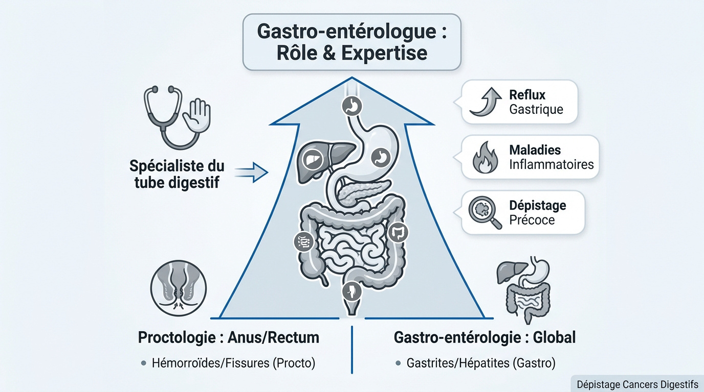 Infographie détaillant les organes et pathologies traités par le gastro-entérologue