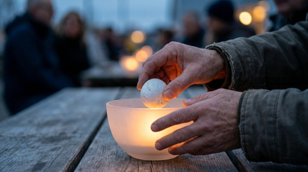 Mains déposant un galet dans un bol lumineux lors d'une cérémonie de recueillement en extérieur.