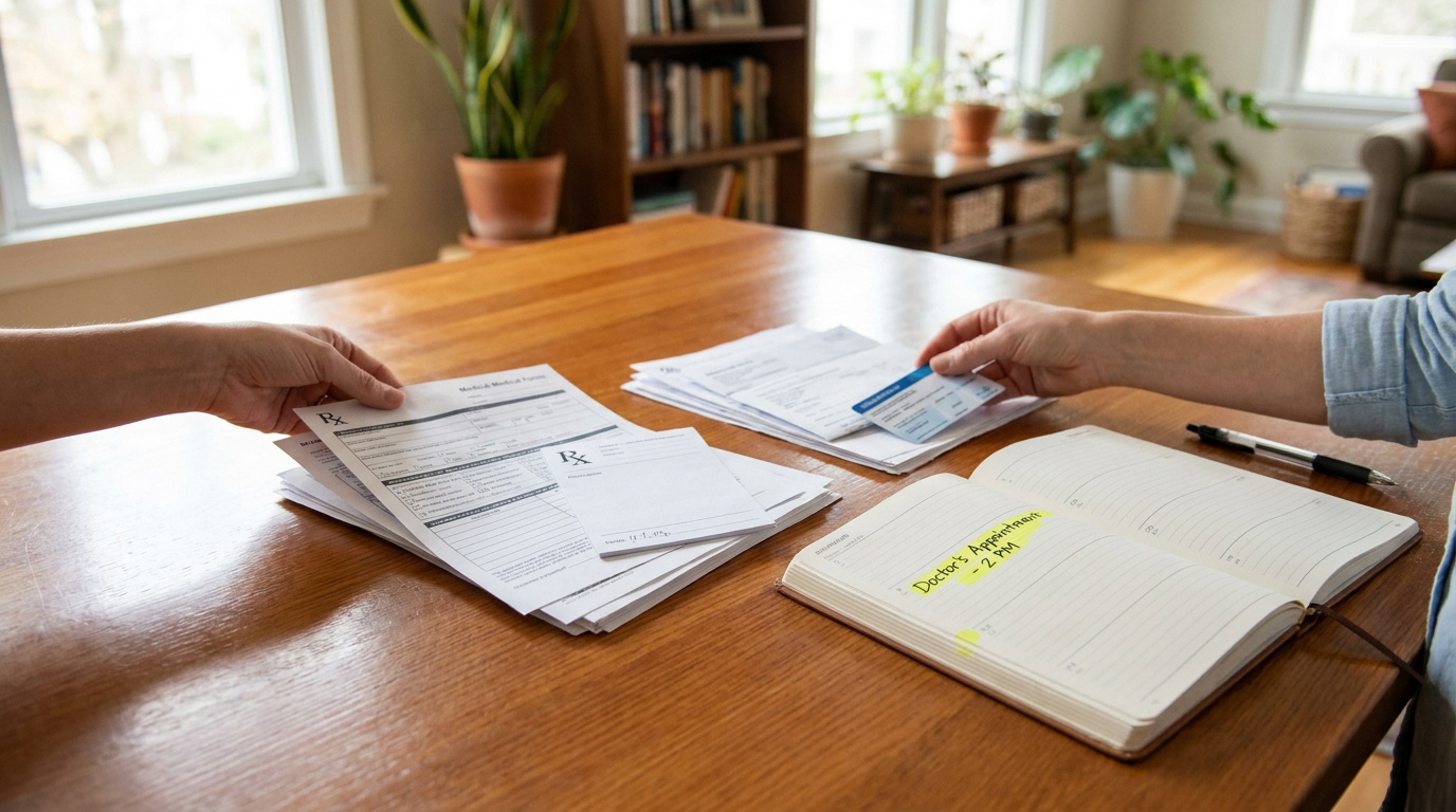 Mains posant des documents médicaux et un agenda sur une table en bois pour préparer une consultation médicale.