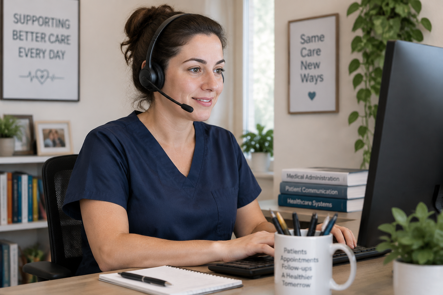 Une télésecrétaire médicale avec casque travaille à distance dans un bureau.