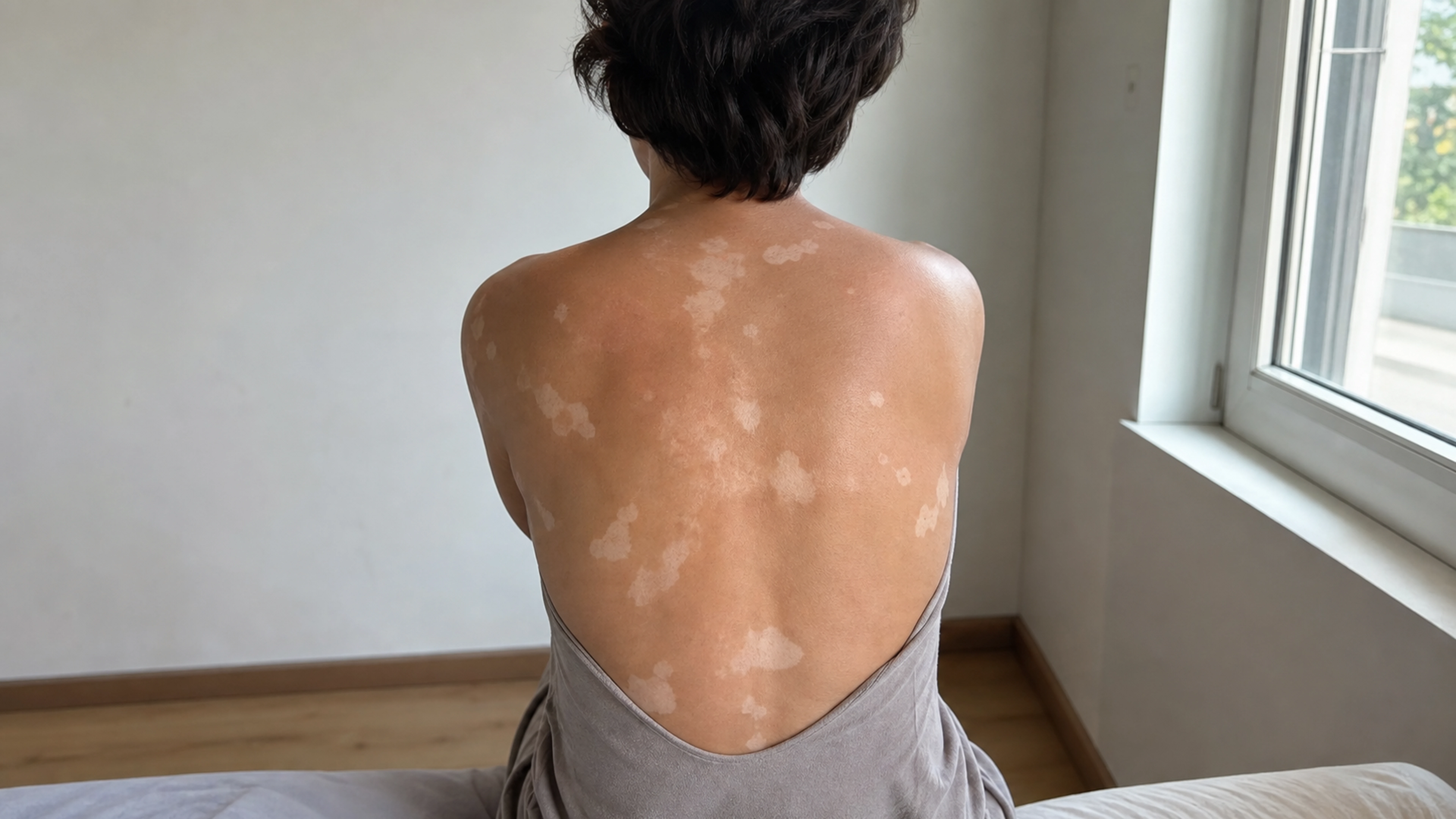 Illustration éditoriale pour l’article « Vitiligo au dos : comprendre et traiter ces taches blanches »