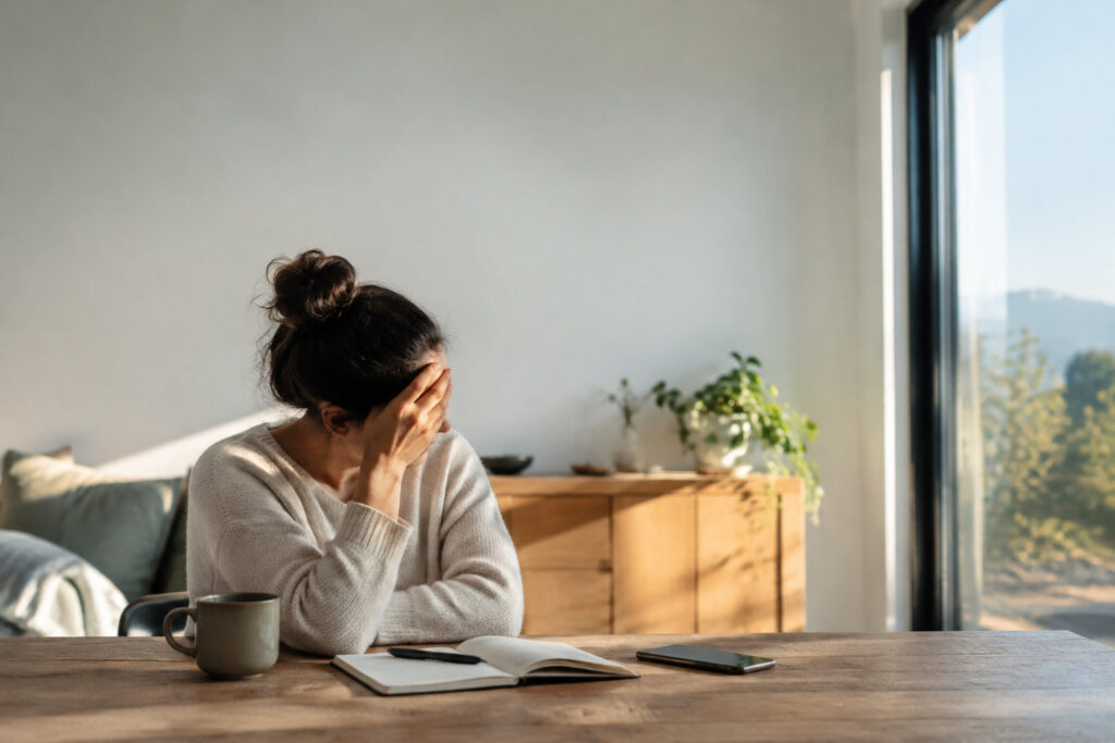 Une femme assise à une table se tient le front avec fatigue ou malaise dans une pièce lumineuse.