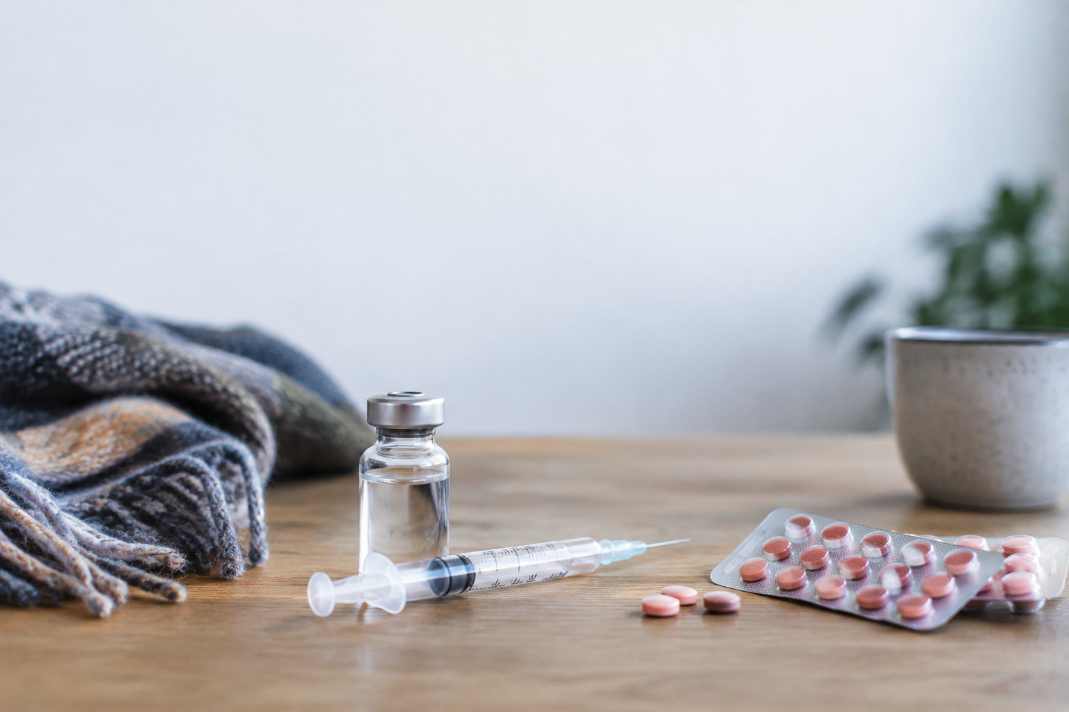 Un flacon de vaccin, une seringue et une plaquette de comprimés posés sur une table en bois avec une écharpe.