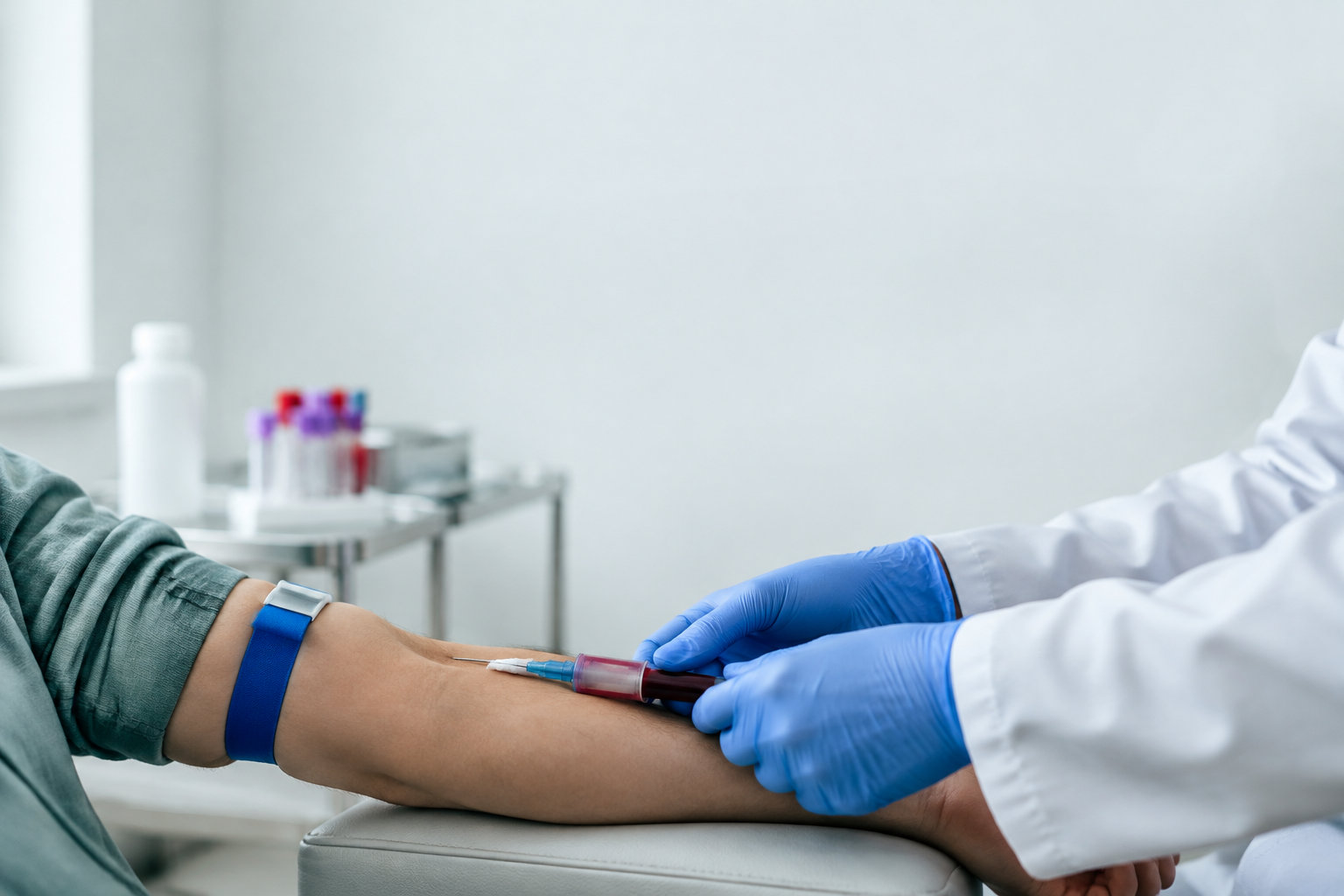 Gros plan sur un professionnel de santé réalisant une prise de sang sur le bras d'un patient.