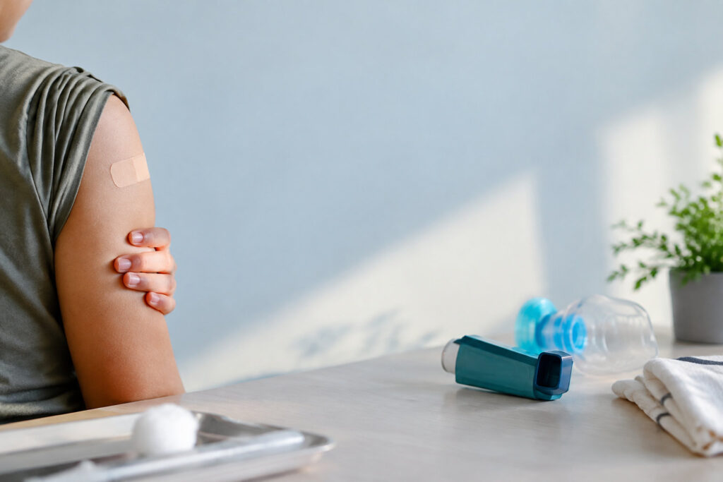 Une personne avec un pansement sur le bras après un vaccin et un inhalateur pour l'asthme posé sur une table à côté.