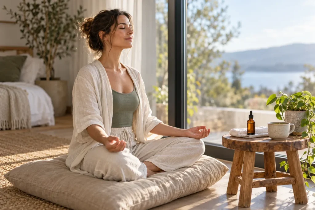 Femme détendue assise en tailleur près d’une fenêtre, à côté d’un flacon de soin, d’une tisane et d’une plante