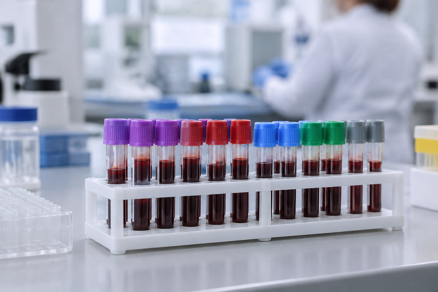 Des tubes contenant du sang, fermés par des bouchons de différentes couleurs, sont alignés dans un support sur une paillasse de laboratoire, avec une personne en blouse floue à l’arrière-plan.