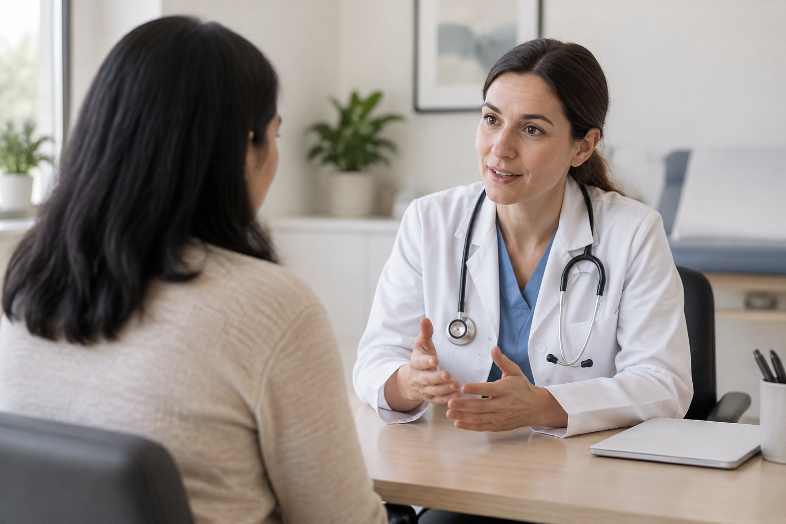 Une médecin en blouse blanche et une patiente assise se parlent face à face dans un cabinet médical.