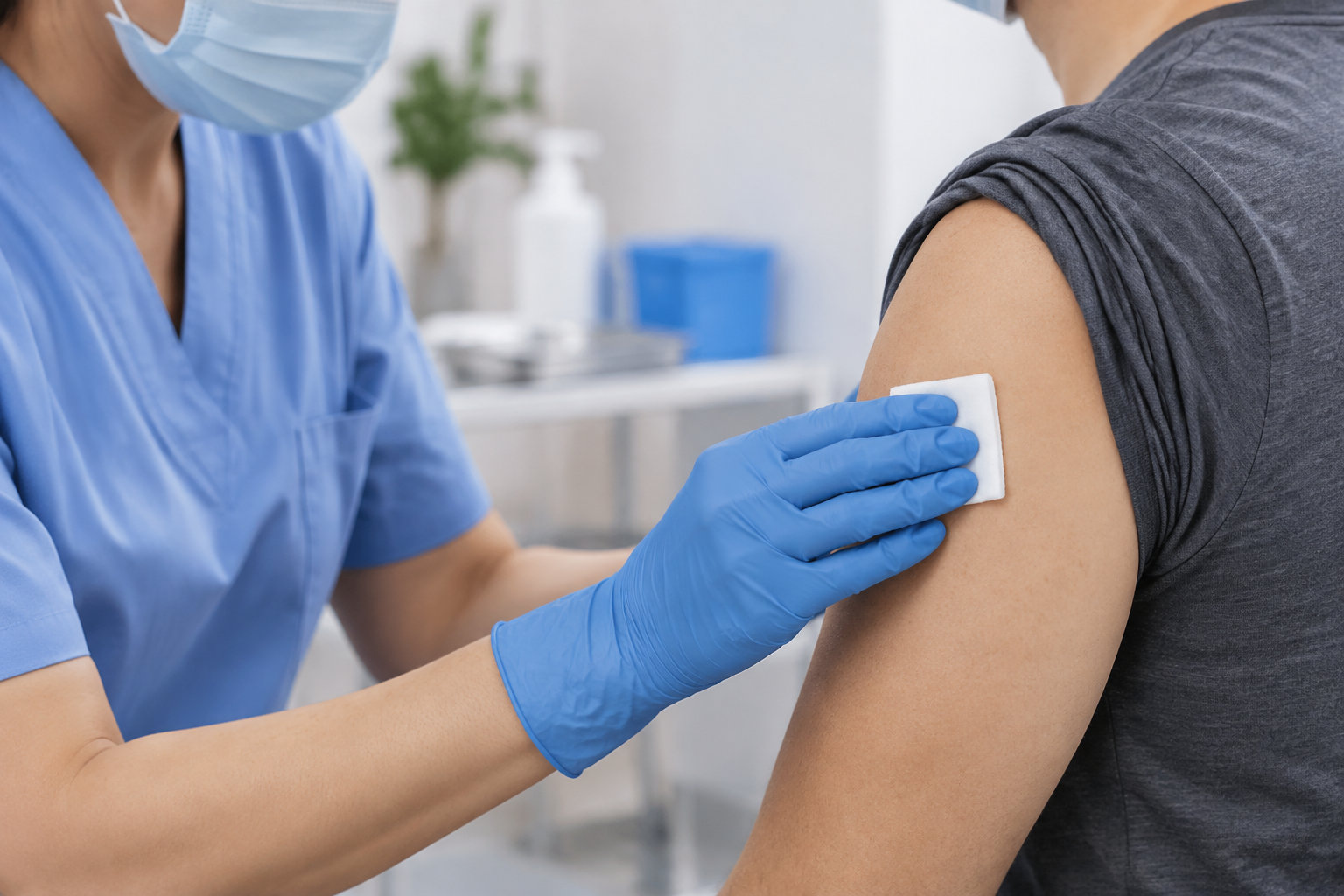 Un professionnel de santé ganté pose une compresse sur le haut du bras d’une personne dans un cabinet médical.