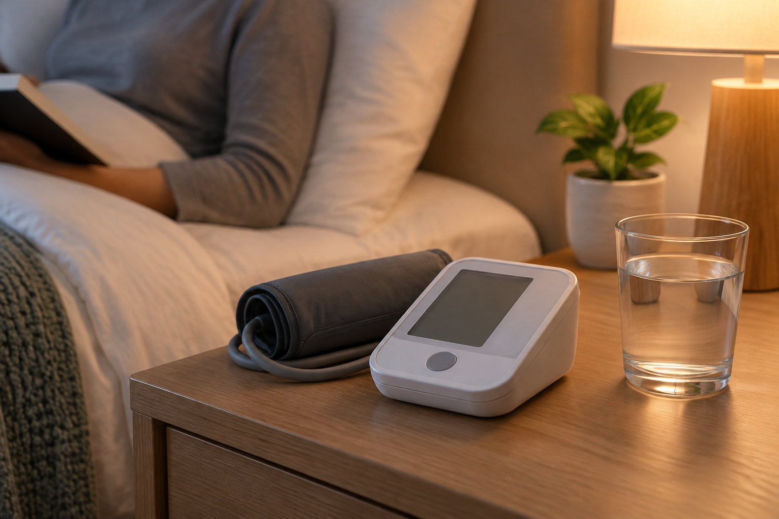 Un tensiomètre avec son brassard et un verre d’eau sont posés sur une table de chevet, près d’une personne assise dans un lit avec une tablette.