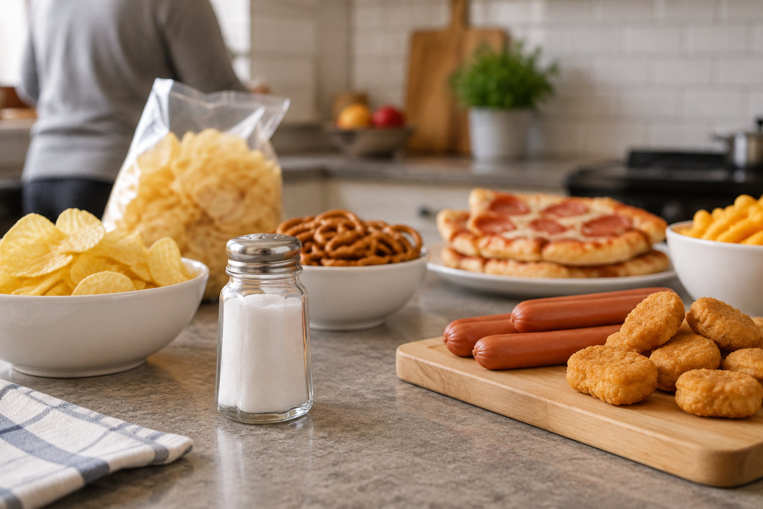 Des chips, des bretzels, des pizzas, des saucisses et des nuggets sont disposés sur un comptoir de cuisine, avec une salière au premier plan.