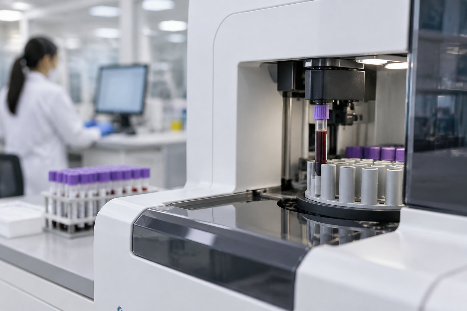 Un automate de laboratoire manipule un tube de sang parmi des supports de tubes, tandis qu’une personne travaille devant un ordinateur en arrière-plan.