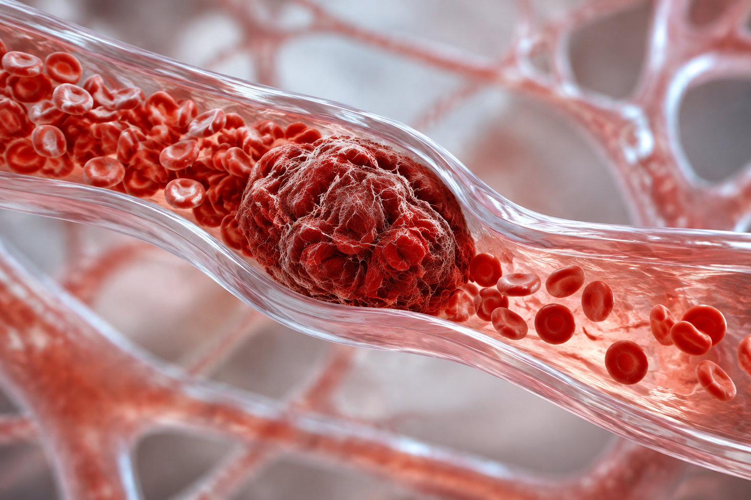 Une représentation médicale montre un gros amas cellulaire rouge dans un vaisseau sanguin, entouré de globules rouges.