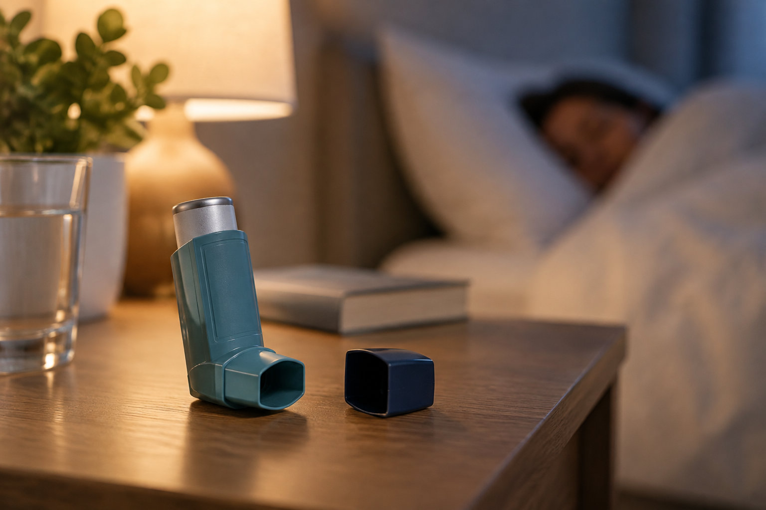 Un inhalateur bleu et son capuchon sont posés sur une table de chevet, près d’un verre d’eau et d’un livre, tandis qu’une personne dort en arrière-plan.