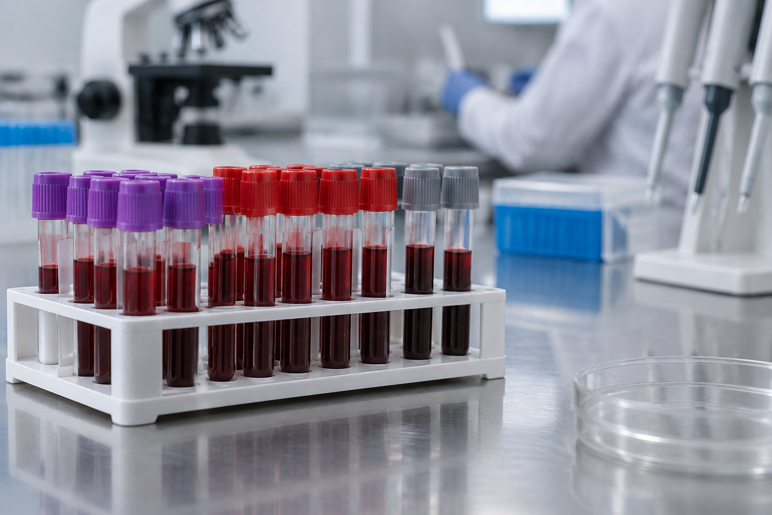 Des tubes à prélèvement remplis de liquide rouge, munis de bouchons violets, rouges et gris, sont rangés dans un porte-tubes sur une paillasse de laboratoire.