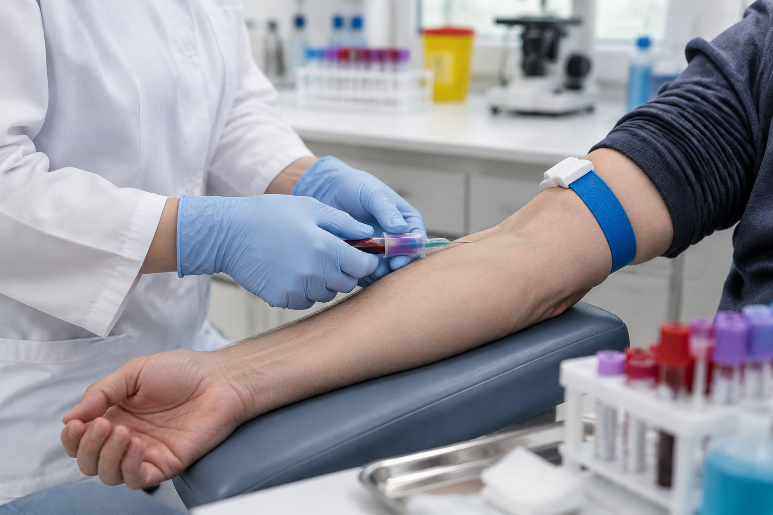 Un professionnel de santé prélève du sang dans le bras d’une personne, installé sur un accoudoir dans un laboratoire.
