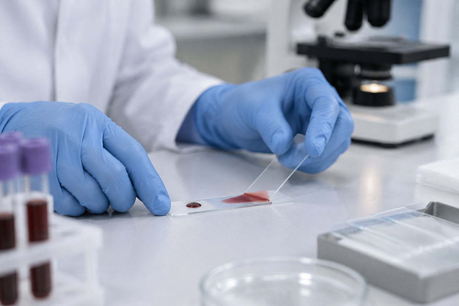 Une personne portant des gants bleus étale une goutte de sang sur une lame de verre, dans un laboratoire où se trouvent un microscope et des tubes à essai.
