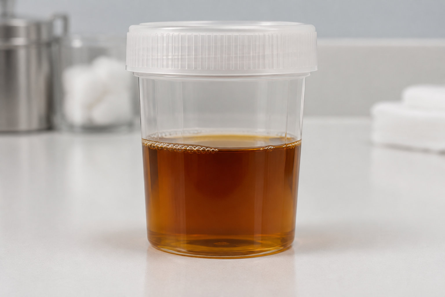 Un gobelet transparent à couvercle blanc, rempli d’une boisson ambrée, est posé sur un comptoir clair.