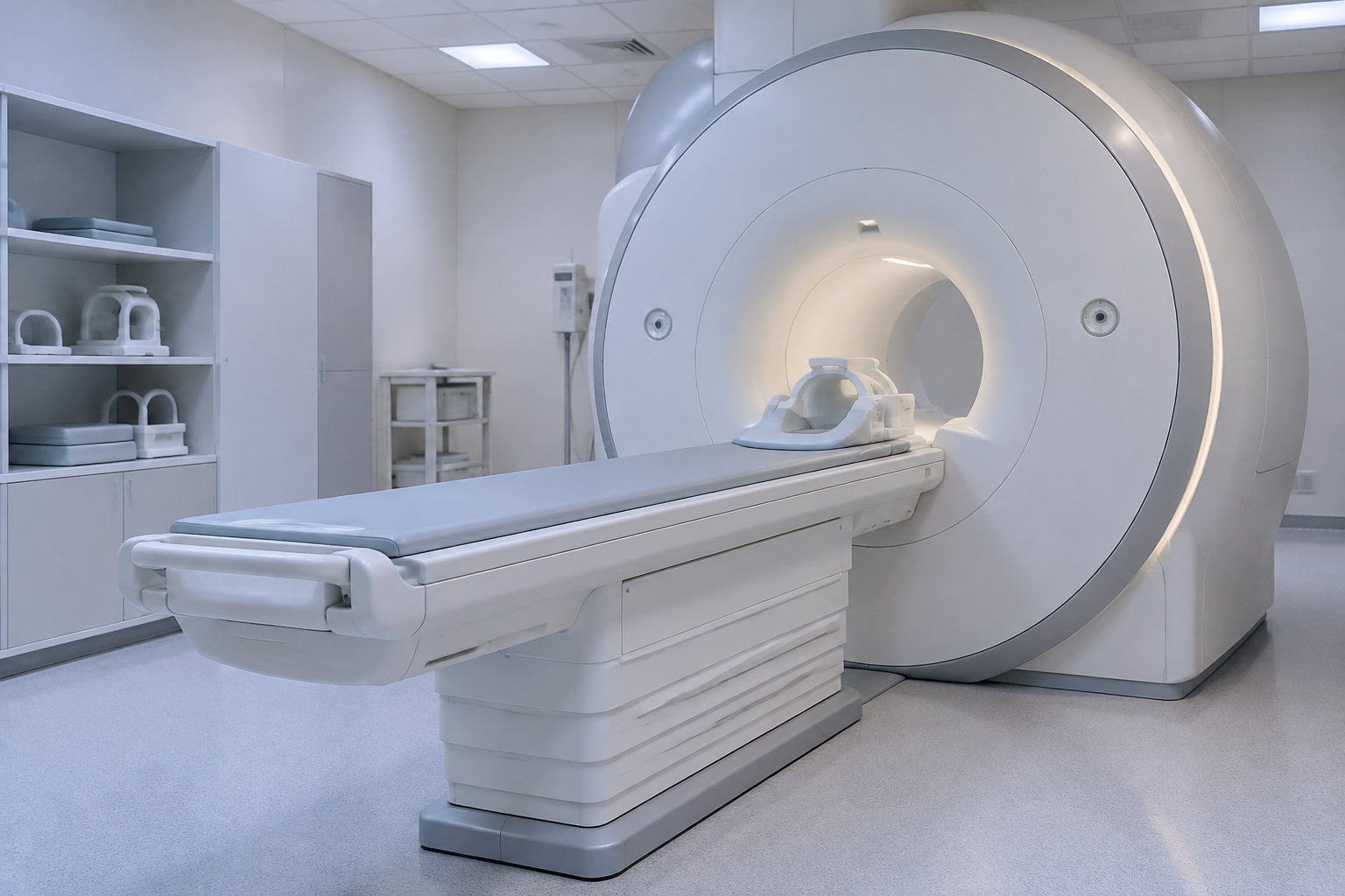 Un appareil d’imagerie médicale avec une table et des accessoires est installé dans une salle d’examen vide.