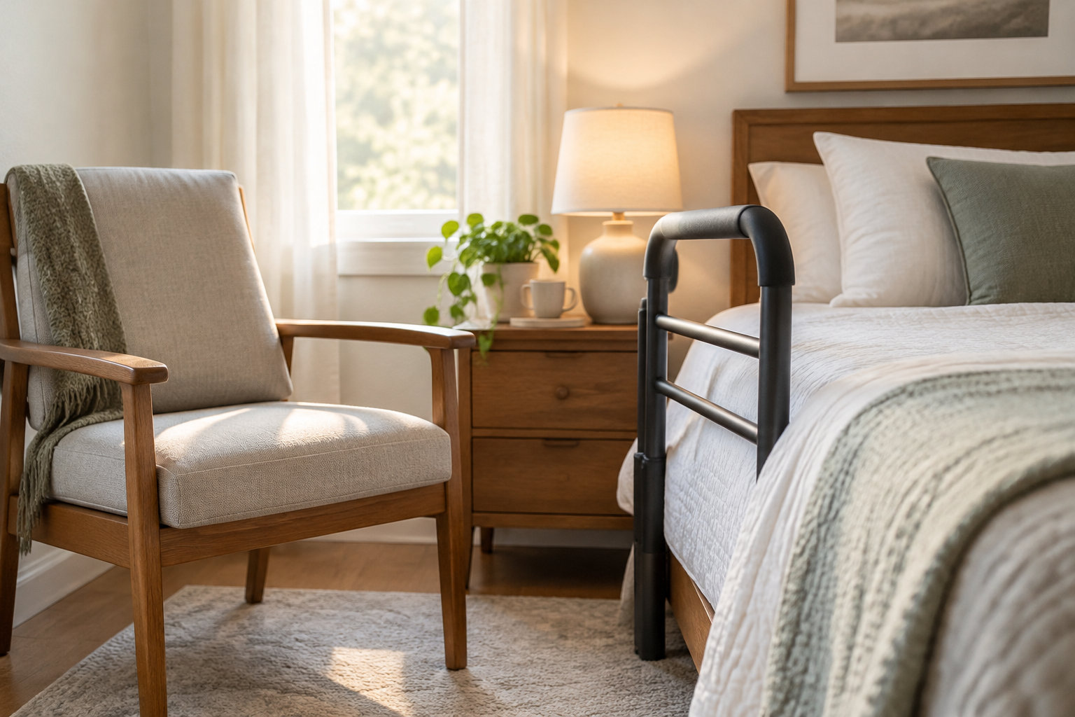 Une chambre lumineuse avec un lit, un fauteuil en bois, une table de chevet, une lampe et une plante près de la fenêtre.