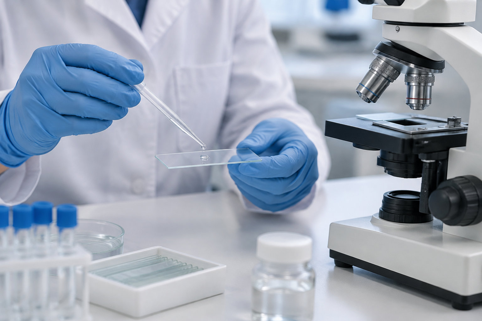 Une personne en blouse et gants bleus dépose une goutte sur une lame de microscope, à côté de flacons et d’un plateau de lames.