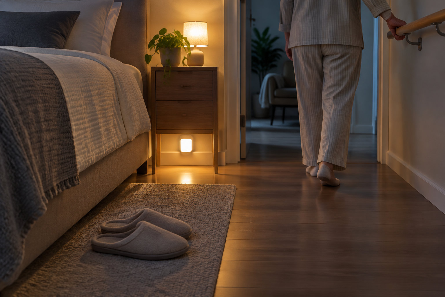 Une personne en pyjama s’appuie sur une rampe dans un couloir sombre, près d’une chambre éclairée par une lampe, où des pantoufles sont posées sur un tapis.