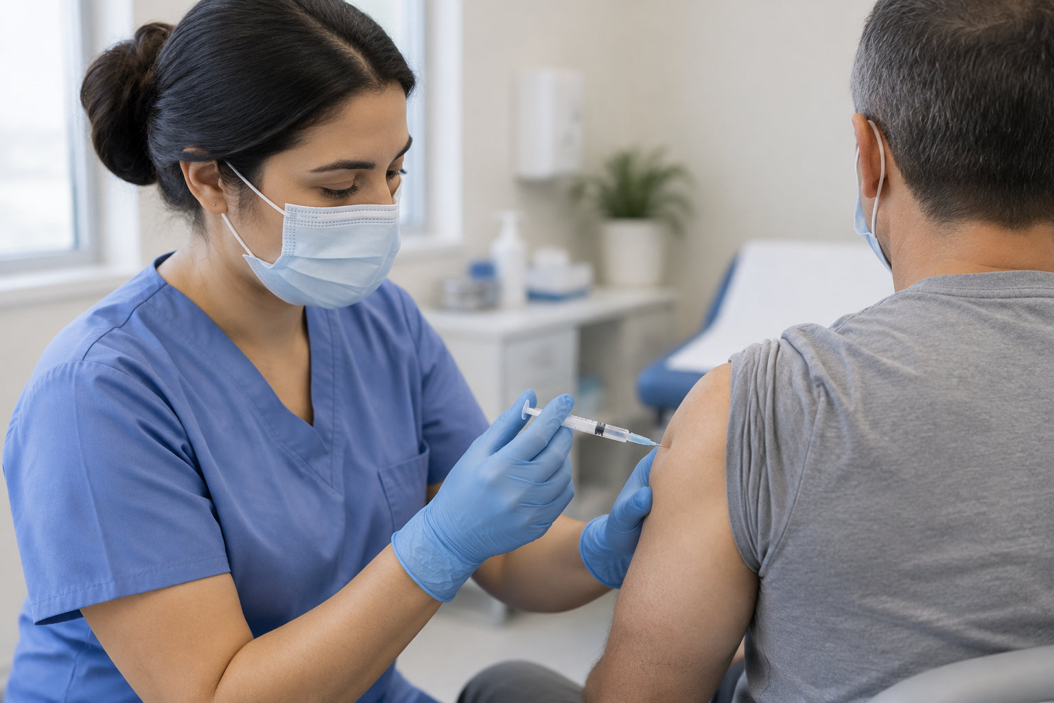 Une soignante masquée et gantée administre une injection dans le bras d’un patient assis, dans une salle de soins.