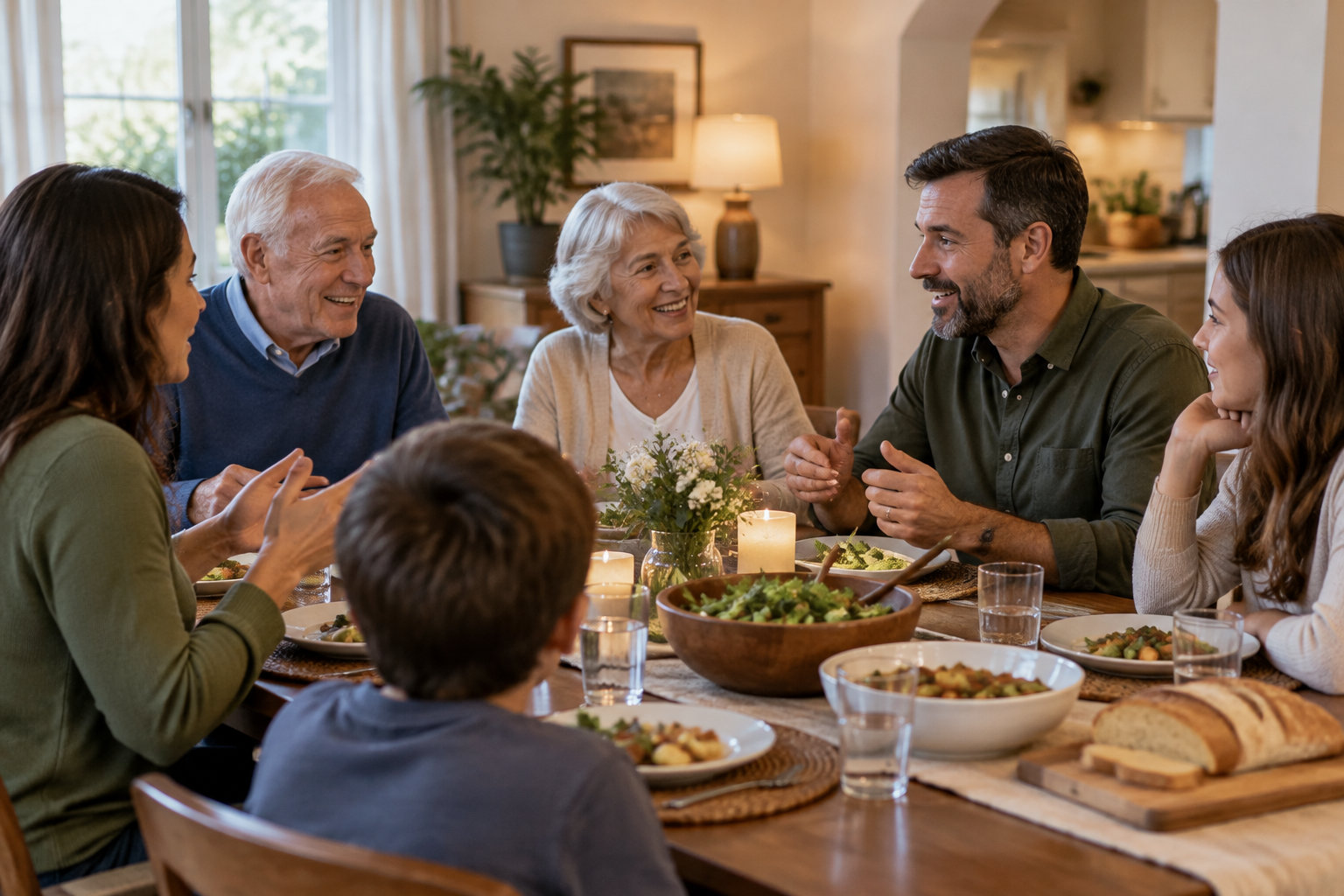 Plusieurs membres d’une famille souriants discutent autour d’une table dressée pour un repas, dans une salle à manger chaleureuse.