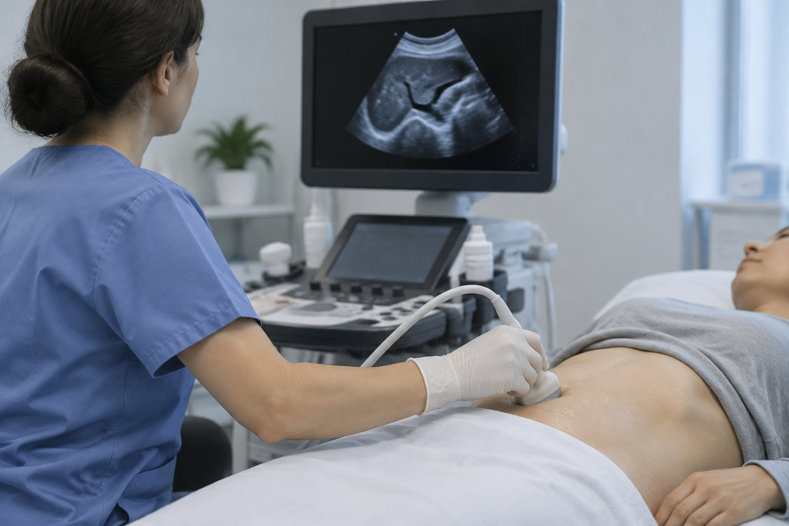 Une professionnelle de santé réalise une échographie abdominale sur une patiente allongée, tandis qu’une image apparaît sur l’écran de l’appareil.