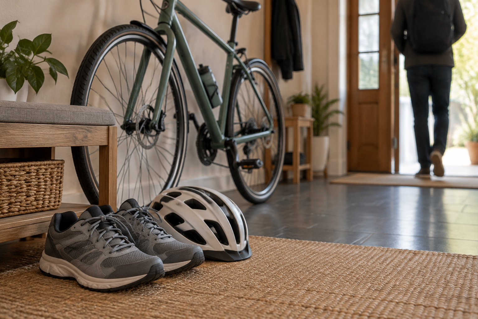Une bicyclette est appuyée contre un mur près de chaussures de sport et d’un casque, tandis qu’une personne sort par la porte d’entrée.