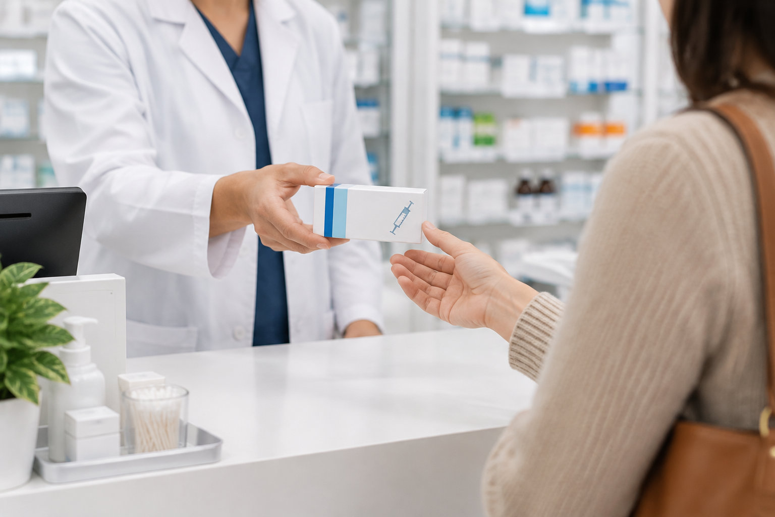 Un pharmacien tend une boîte blanche ornée d’un pictogramme de seringue à une cliente derrière un comptoir.