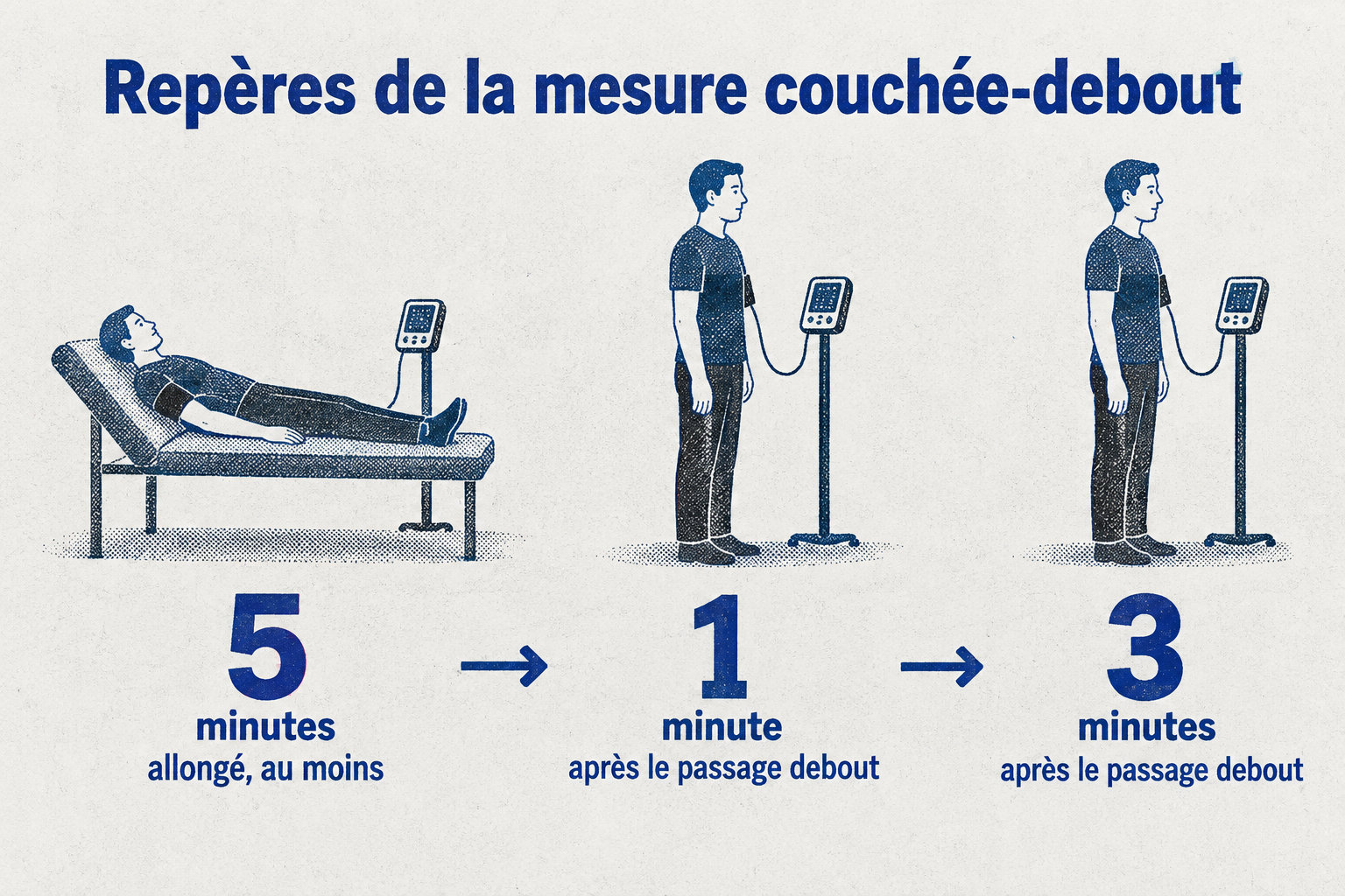 La mesure se fait après au moins cinq minutes allongé, puis une et trois minutes après le passage debout.
